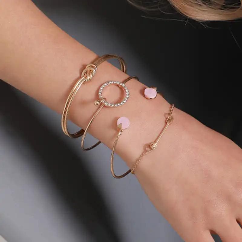 Set Of 4 Crystal Circle Bracelet, Double Knotted Arrow Round Full Drill Open Bracelet, Classic Arrow Knot Round Crystal Gem Bracelet, Multilayer Adjustable Open Bracelet, Chunky Flat Cable Chain Punk Bracelets Set Set Of 4 Crystal Circle Bracelet, Double Knotted Arrow Round Full Drill Open Bracelet, Classic Arrow Knot Round Crystal Gem Bracelet, Multilayer Adjustable Open Bracelet, Chunky Flat Cable Chain Punk Bracelets Set